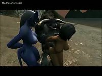 Bodacious short-haired brunette cartoon slut stroking a beast's cock while on her knees