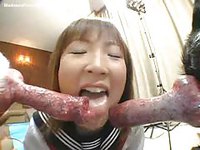 Wild Asian teen girl blowing two dogs with enormous cocks in her first beast video