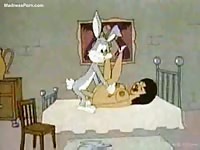 The cartoon about sexy woman with big tits and a rabbit