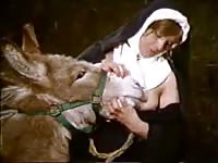 Bizarre beast fetish vid featuring two mature whores dressed as Nuns being nasty with a mule