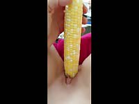Easy-going never seen before eighteen year old inserting fresh yellow corn to please her hole