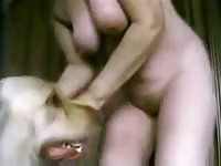 Playful slut wrestling with her dog on the bed before getting nude and mounted by the animal