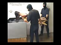 Pair of aggressive dudes capture submissive skank and punish her by depriving her of air