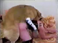 Blonde with big tits bent over and fucked hard by massive dog
