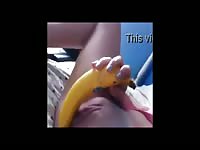 Dick starved eighteen year old stunner slides a massive banana in-and-out of her young snatch