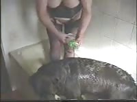 Bestiality video recorded during live cam show of her little dog eating her starved wet cunt